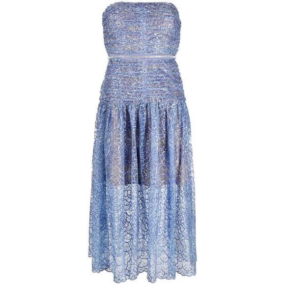 Self-Portrait Blue Strapless Lace Midi Dress US 4 Polyester Blend Cocktail - Picture 2 of 13